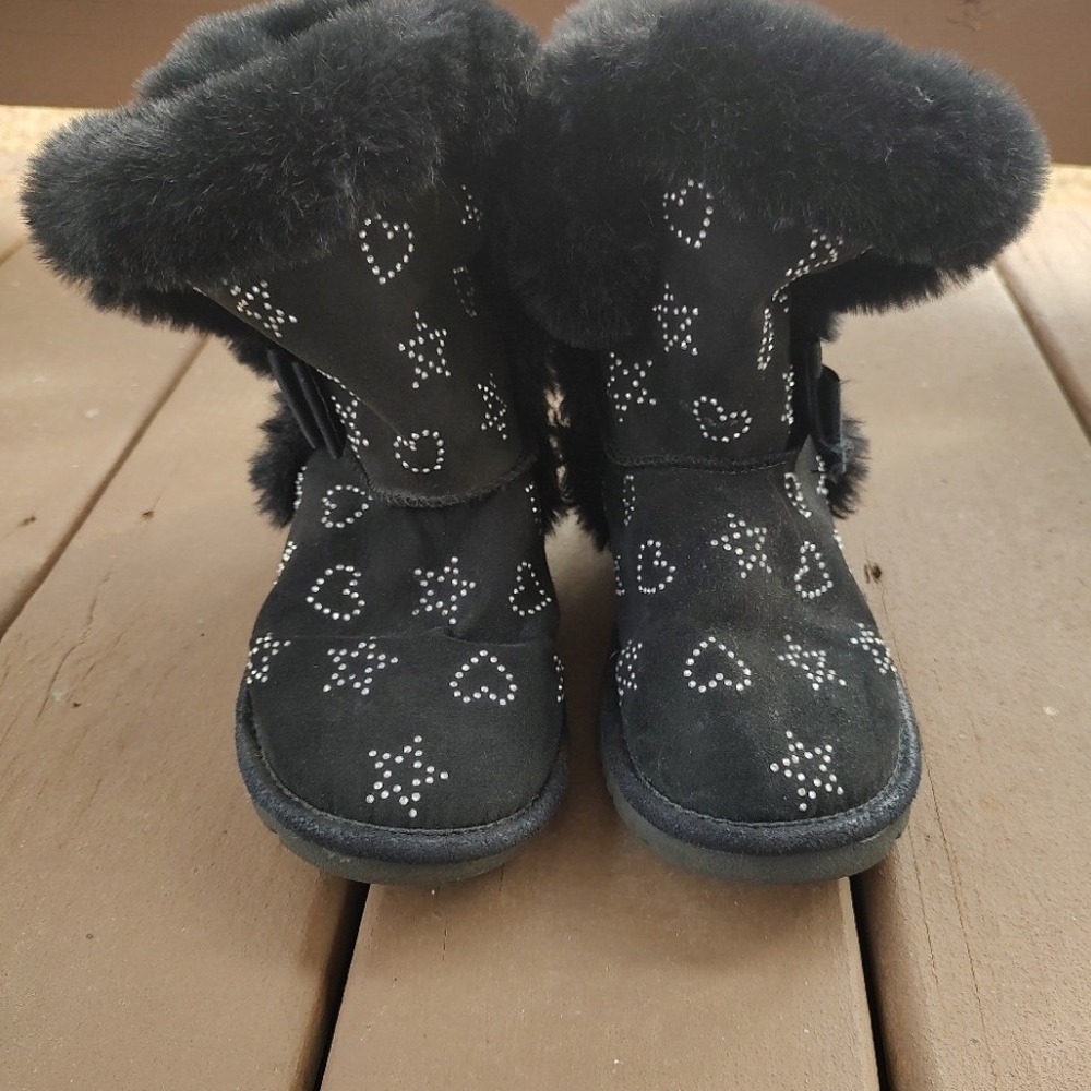 Kids‎ Juicy Couture Black Suede Sparkle Star Heart Boots with Fur Trim Size 3